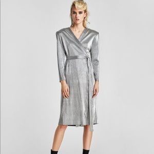 ZARA Metallic Silver Wrap Front Dress